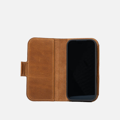 Open brown Classic 5.1 MagSafe folio wallet with card pocket for iPhone 18 Pro and Pro Max