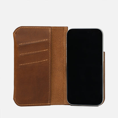 Open brown Minimalist 1.0 MagSafe folio wallet with three card slots for iPhone 18 Pro and Pro Max
