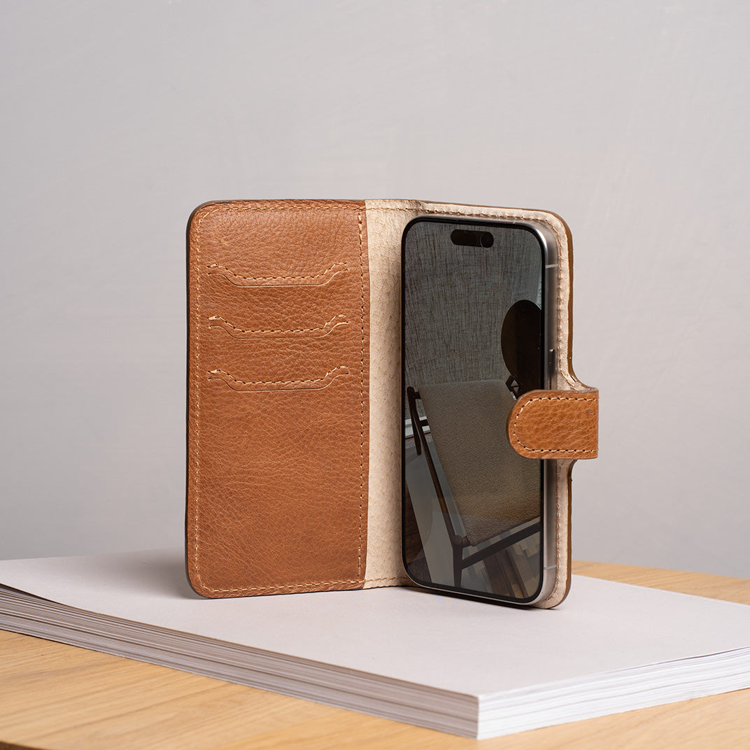 premium folio case wallet for iPhone 16 in brown color leather