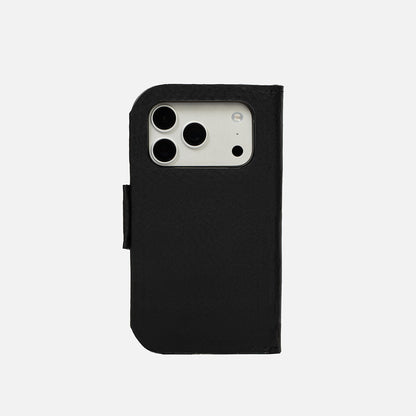 Black leather MagSafe folio on iPhone Air, back view with stitched edges and camera opening – Geometric Goods