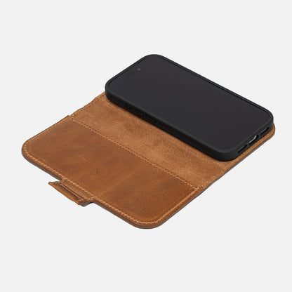 Open brown full-grain leather iPhone 17 folio wallet, Minimal layout; phone right, bill pocket and tab – Geometric Goods