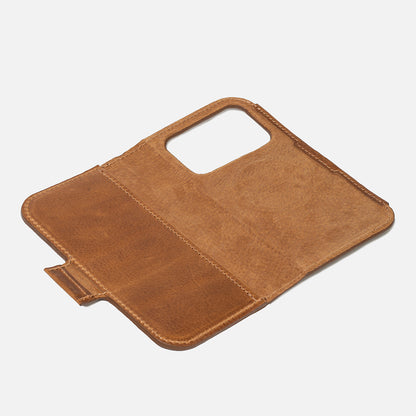 Open brown leather iPhone 17 folio wallet; camera window, card pocket, magnetic tab – Geometric Goods