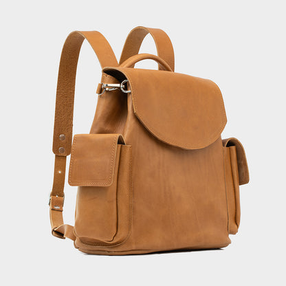 Camel-colored mini leather rucksack for women, with multiple compartments and stainless steel hardware for durability and style