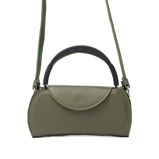 Olive green leather AirPods Max case with adjustable shoulder strap, minimalist rounded flap design for stylish carrying