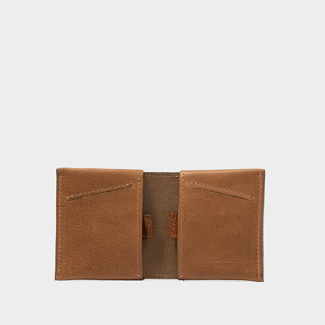 Brown leather AirTag wallet with hidden AirTag slot, shown from the front view