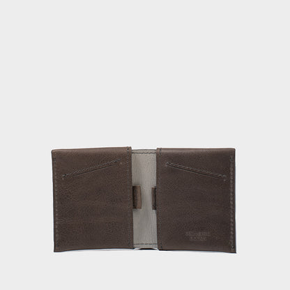 Gray leather Air Tag wallet with hidden AirTag slot and rfid shown from the front view