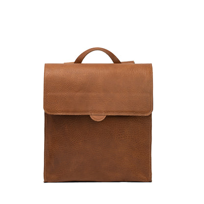 Brown leather backpack for men and women, stylish and functional with a laptop compartment.