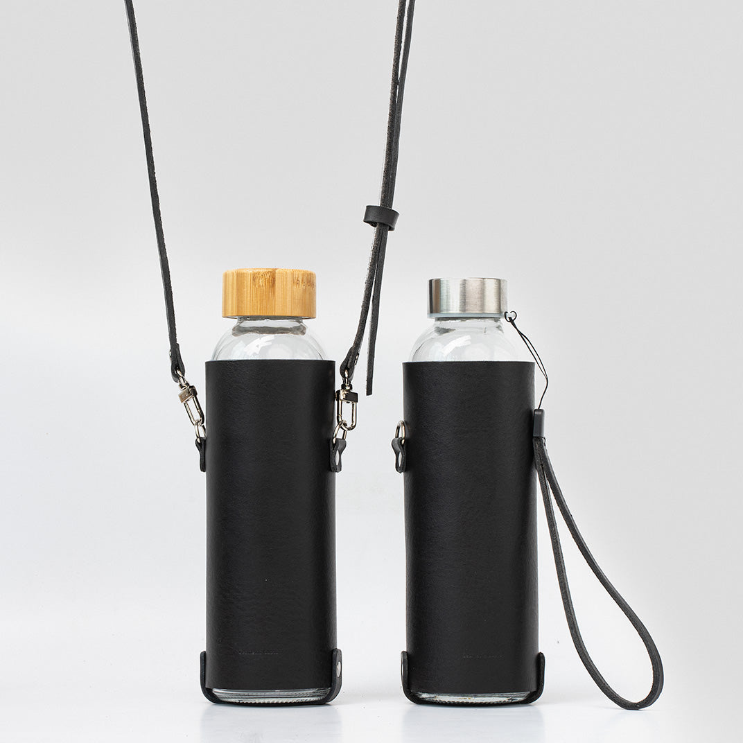 black leather water bottle bag with adjustable strap