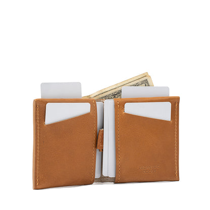 Camel-colored leather bi-fold wallet open to show its practical design with multiple card slots and a cash compartment, perfect for streamlined and efficient everyday use