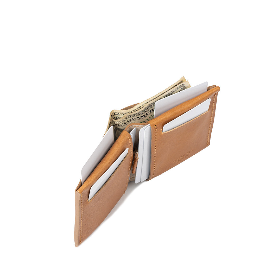 Camel-colored leather bi-fold wallet with a spacious design, featuring multiple card slots and a cash compartment, perfect for organized and stylish everyday use.