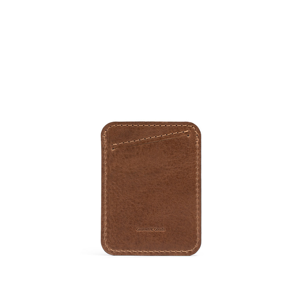 Leather cardholder in brown with minimalist design, featuring stitched card slots for secure storage