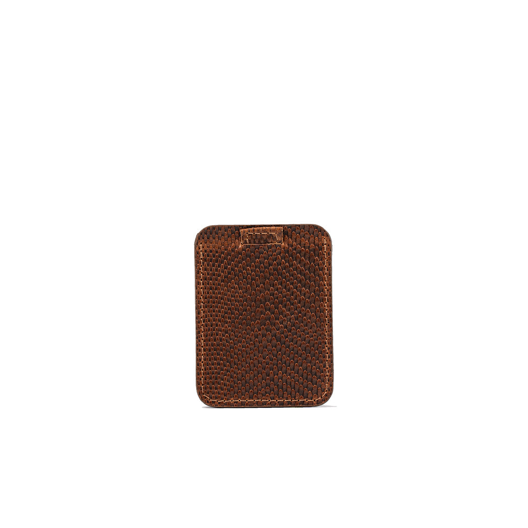 Luxury Leather cardholder in brown with snake print, featuring a minimalist design and multiple slots for credit cards