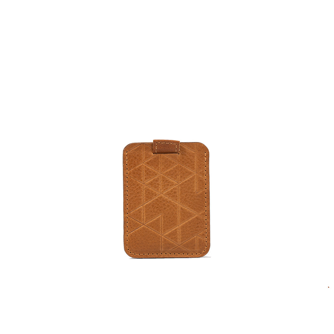 Designer leather cardholder in light brown color featuring a quilted geometric pattern, slim design with multiple credit card slots