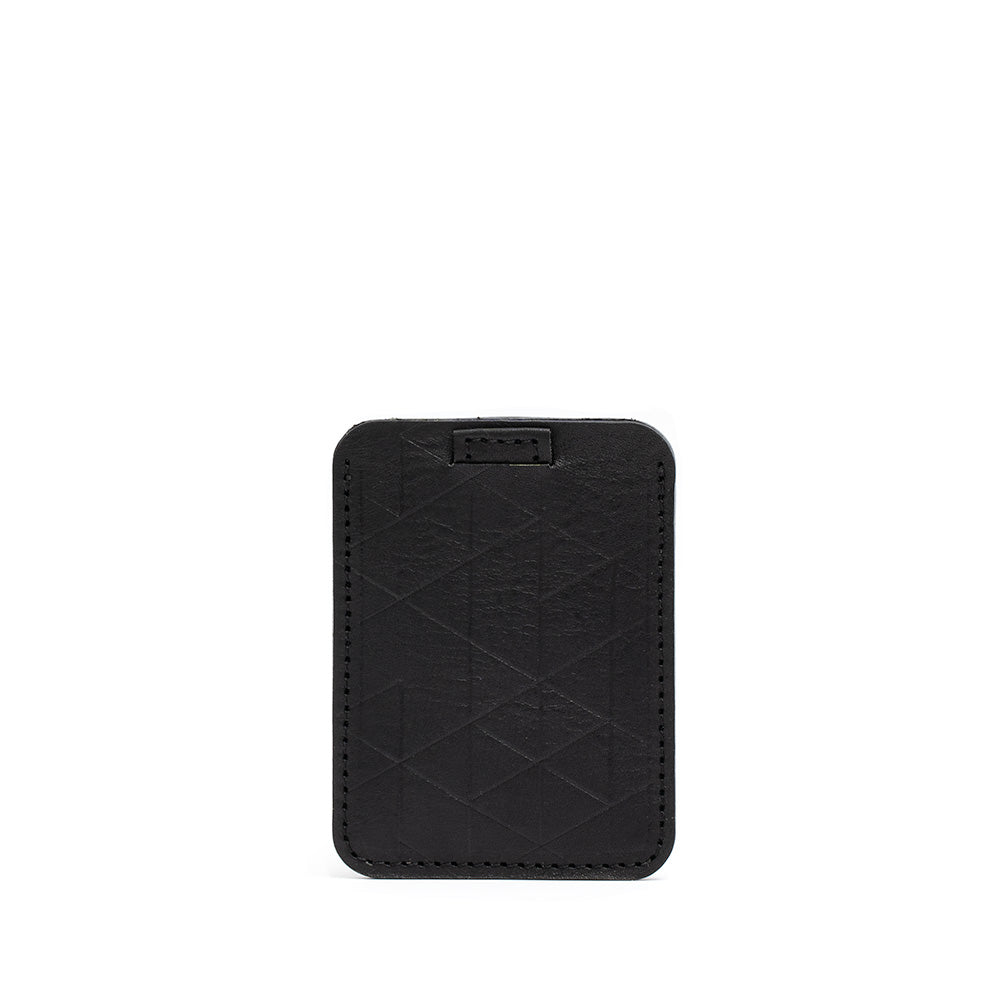 Designer black leather cardholder, slim design with precision stitching and geometric engraving