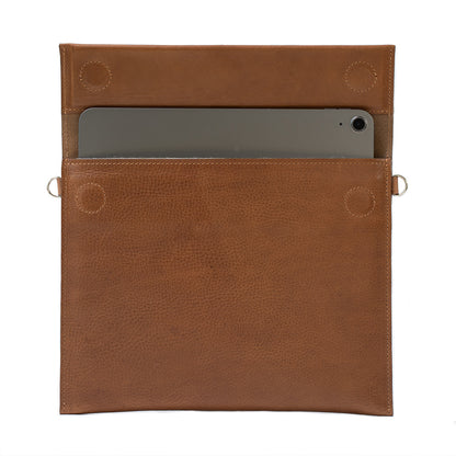 leather sleeve bag for iPad 12 Pro made by Geometric Goods from full-grain vegetable-tanned Italian leather in brown color with zipper pocket