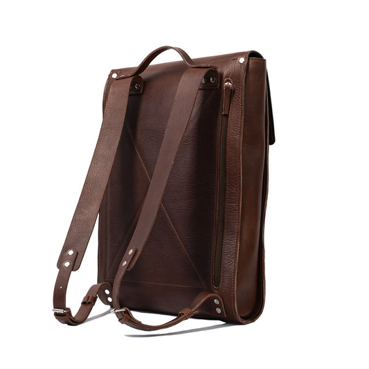 designers leather backpack in rich Mahogany color, compatible with laptop