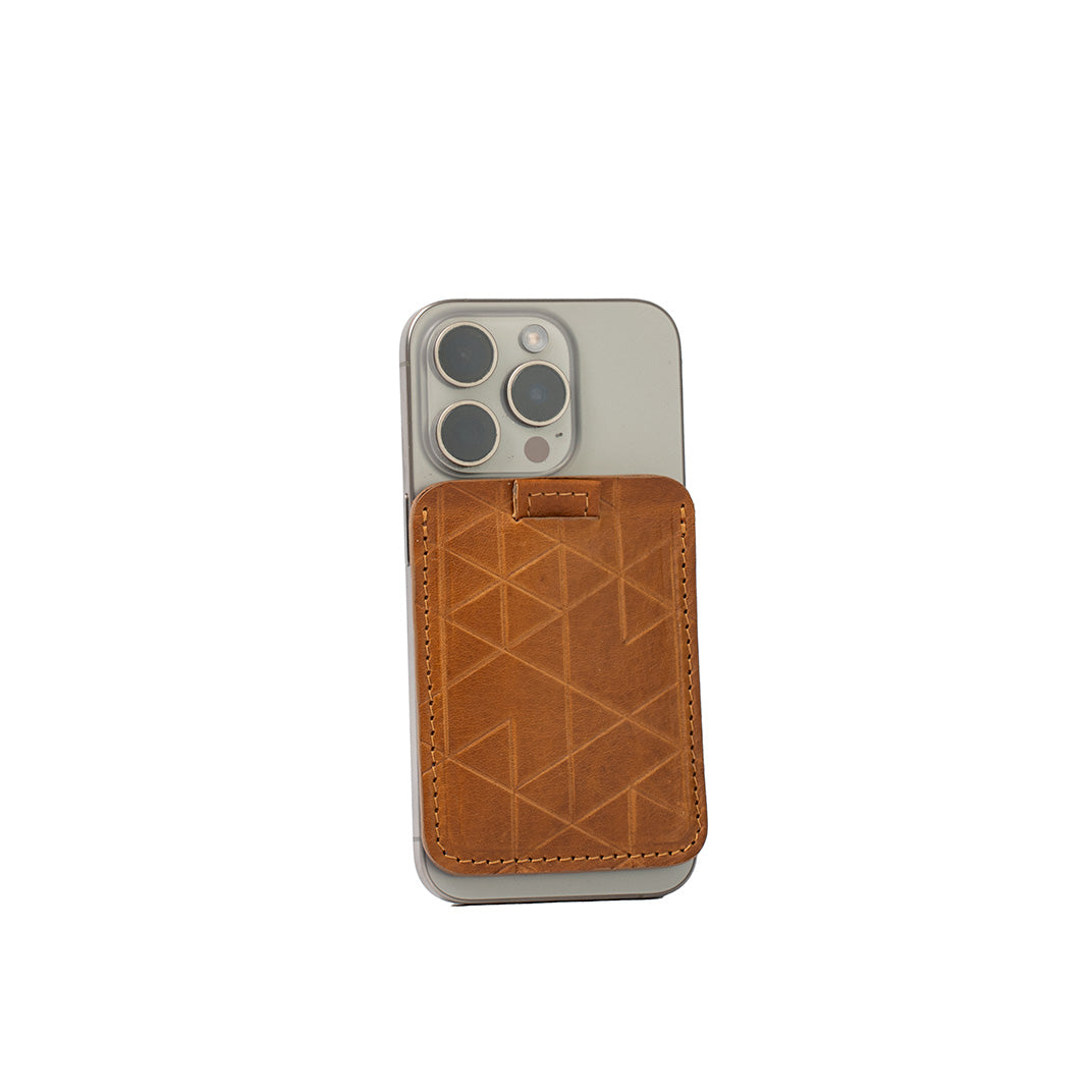 Leather MagSafe wallet for iPhone in camel with carved vectors design, holds 6 cards, handcrafted Italian leather