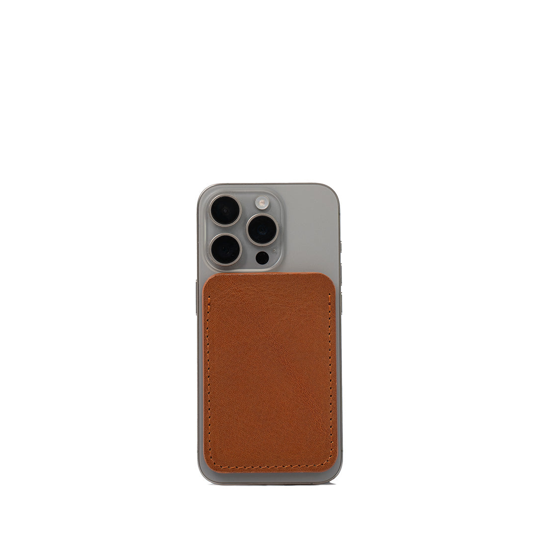 Minimalist tan leather MagSafe wallet for iPhone, ultra-thin handcrafted card holder made from premium Italian vegetable-tanned leather