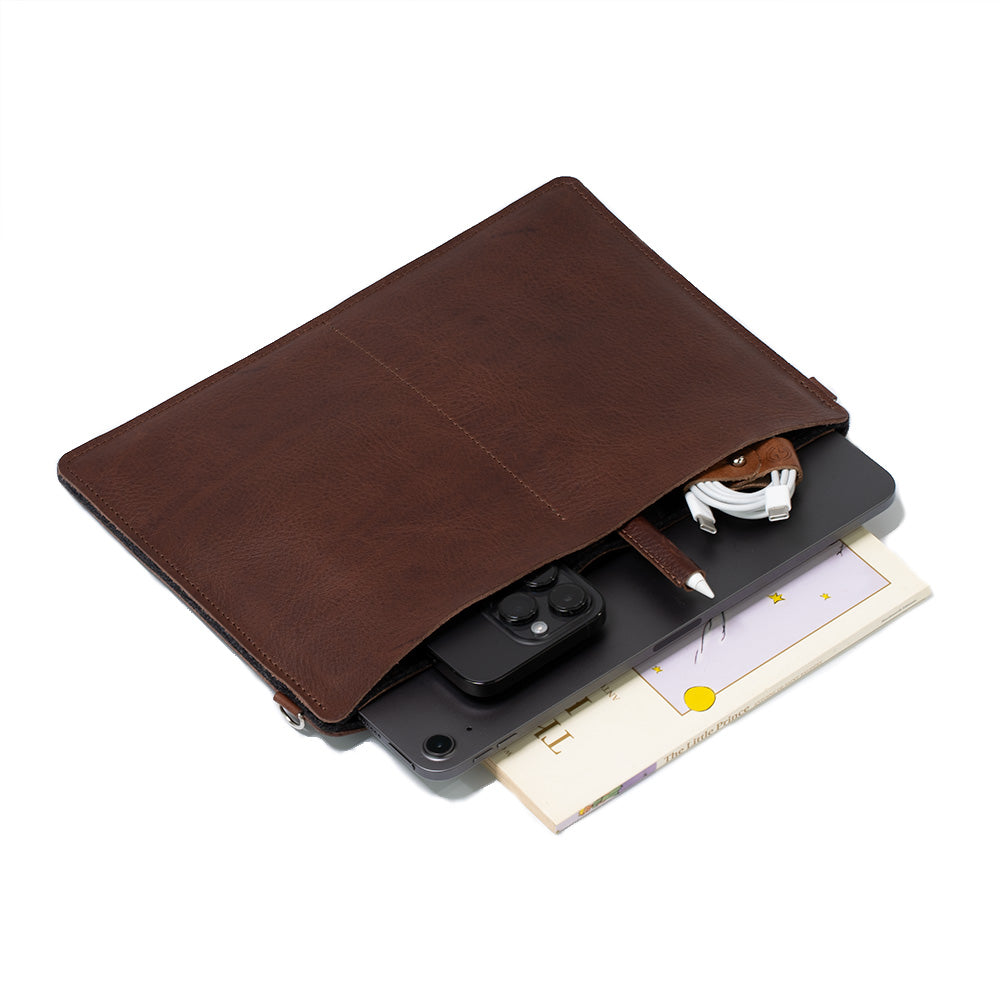 leather sleeve for iPad Air with adjustible strap in dark brown chocolate brown mahogany color - The minimalist 4.0
