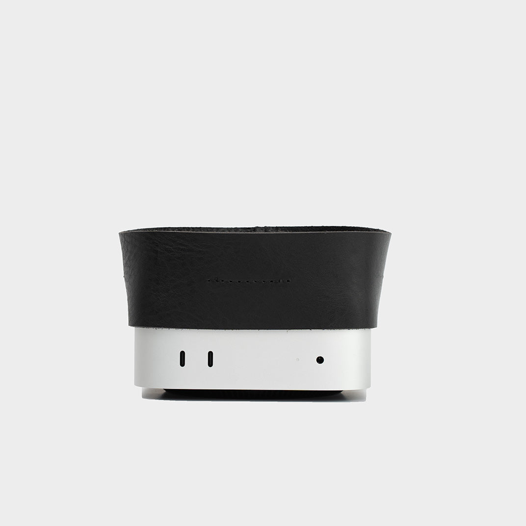 Front view of a premium leather tray designed for the Mac Mini M4, showcasing its sleek and modern design.