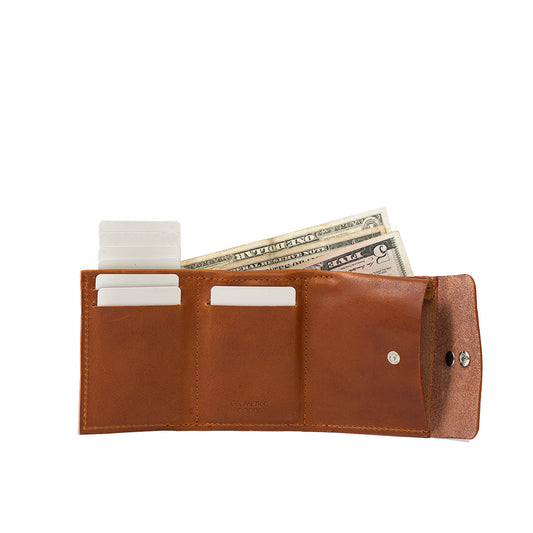 Leather AirTag wallet trifold in tan color featuring a compact and stylish design.