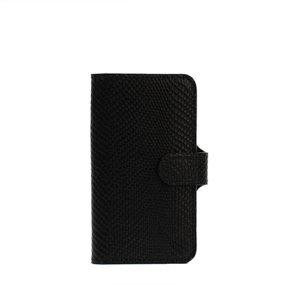 designer made snake print case folio for iphone 14 series with magsafe attachment compatible with apple and nomad shockproof cases in black color