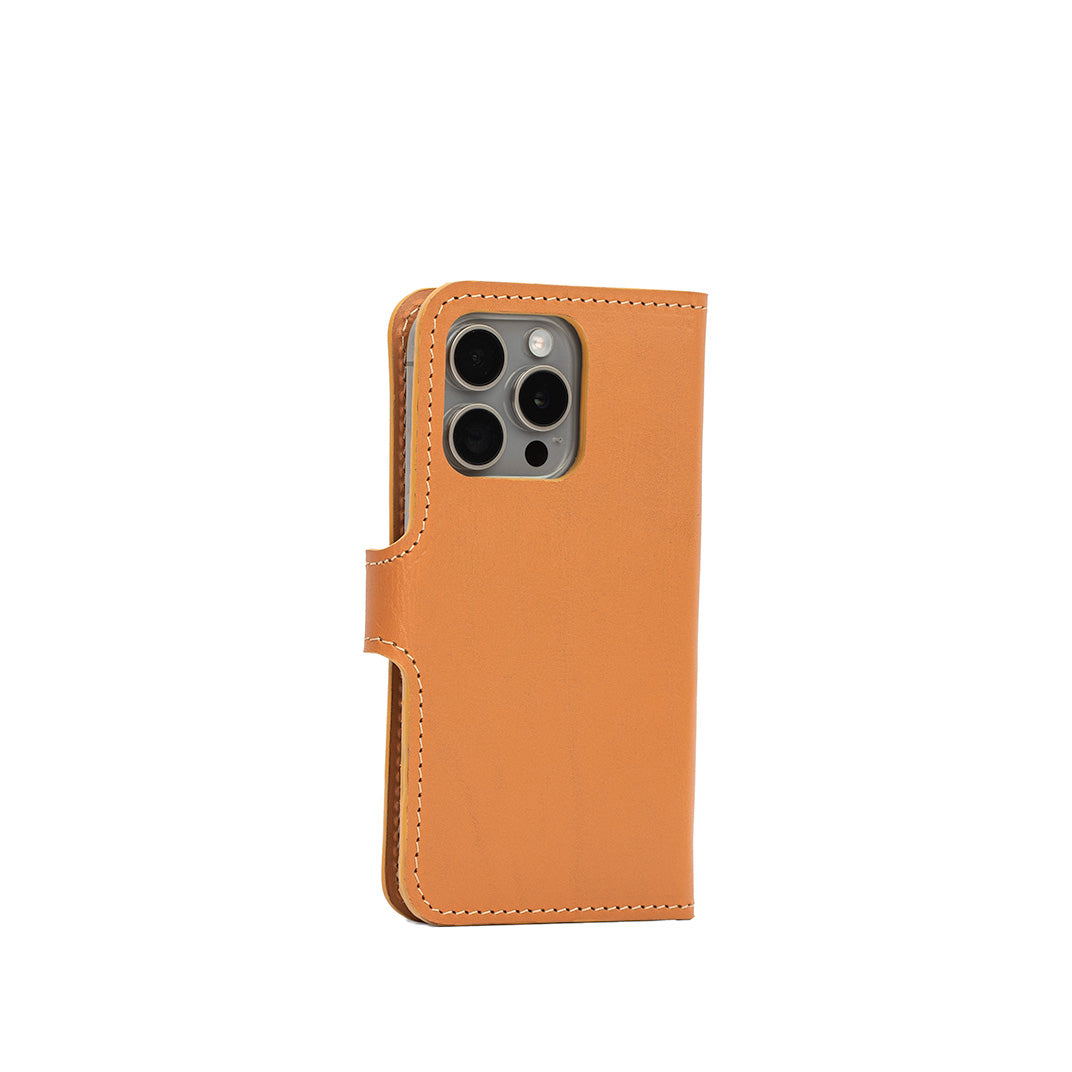 iphone 16 pro folio case in light orange leather color back view