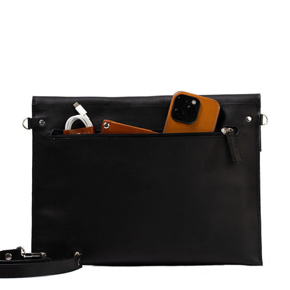 black leather bag for macbook with pocket for iPad