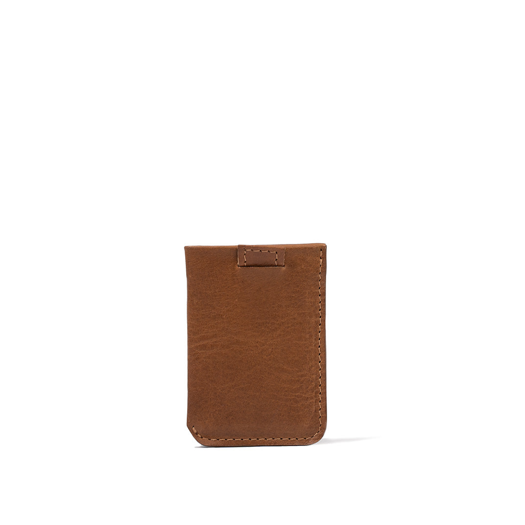 Leather MagSafe wallet that holds 4-6 cards, stylish and functional design in brown color