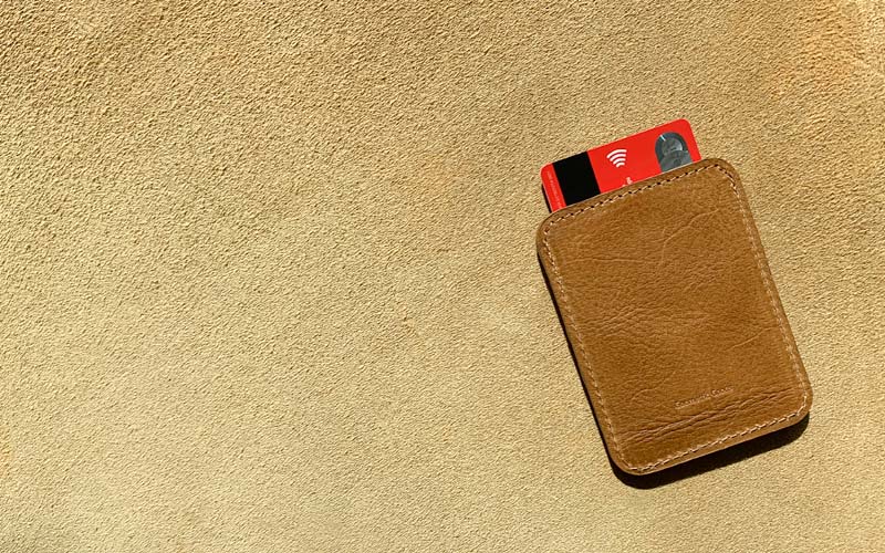 brown leather apple magsafe wallet for 6 cards by Geometric Goods is shielded