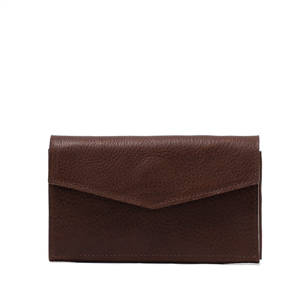 Geometric Goods smart leather long wallet for women with an AirTag slot, crafted from premium Italian full-grain veg-tanned leather in mahogany dark brown color