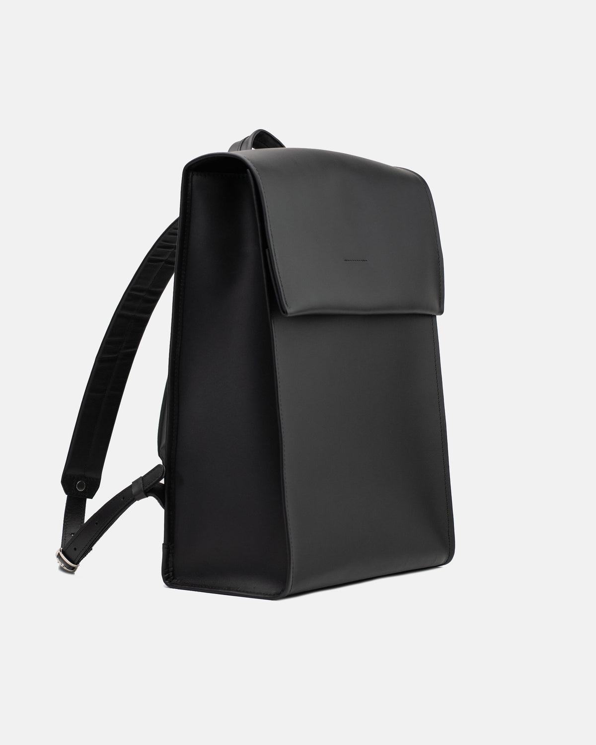 The Phi Backpack - Large in black leather, angled front view