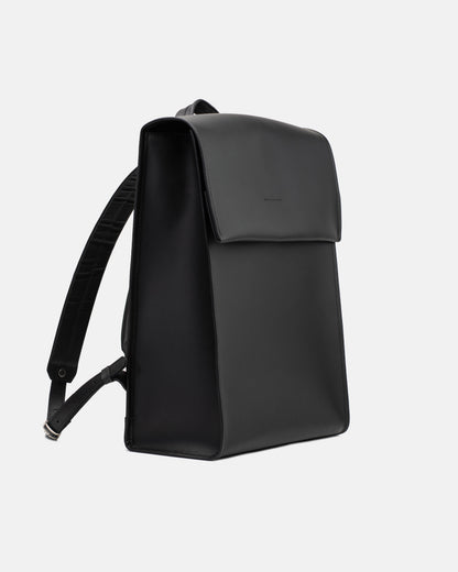 The Phi Backpack - Large in black leather, angled front view