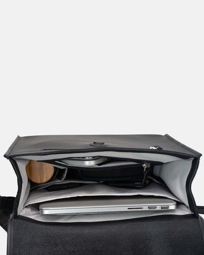 Detail view of The Phi Backpack - Medium in black leather
