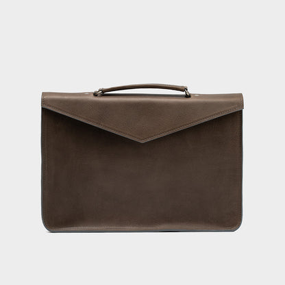 Sleek professional gray leather briefcase with a smooth texture and precise stitching, featuring a comfortable handle and a structured design, ideal for business use