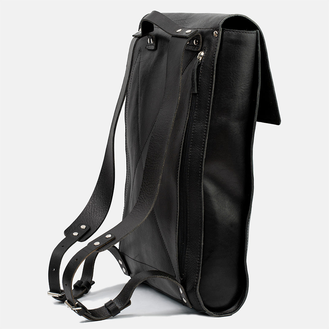 side view of premium leather rucksack for men in black color