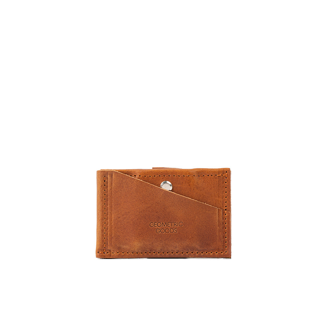 Classic tan AirTag wallet in a compact leather design, featuring a secure hidden pocket for an AirTag, snap closure, and room for up to seven cards