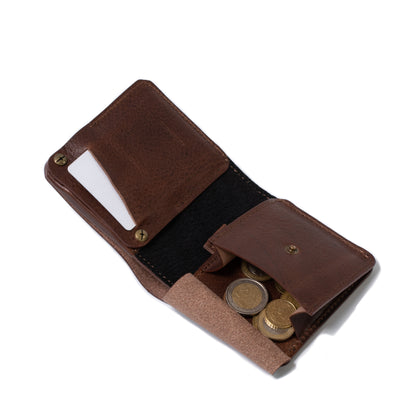 the best AirTag billfold wallet with large coin punch made by Geometric Goods from premium Italian Leather in dark brown color