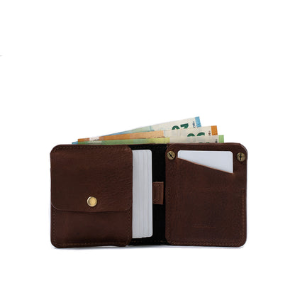 unique design AirTag wallet with large coin punch made by Geometric Goods from premium Italian Leather in dark brown color