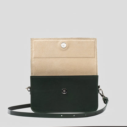 elegant womens Dark green leather shoulder bag with adjustable strap on magnet closure
