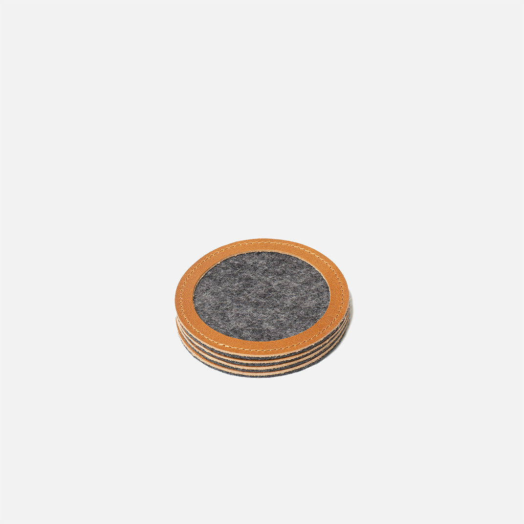 Stack of round wool felt coasters with light brown leather rims, 3.86 in (98 mm) diameter”