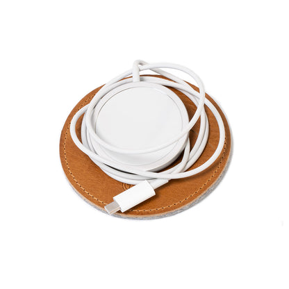 Leather cord organizer for Apple's MagSafe Charger in camel color