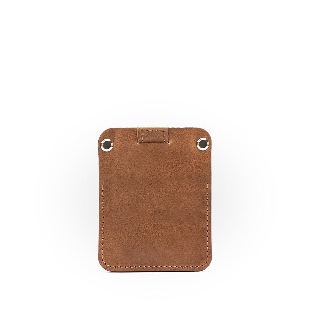 classic brown camel leather color AirTag card wallet holder for men and women made by Geometric Goods
