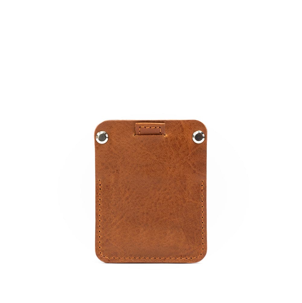 smart AirTag card wallet holder for men and women made by Geometric Goods from high-quality full-grain vegetable-tanned leather in tan cognac brown color 