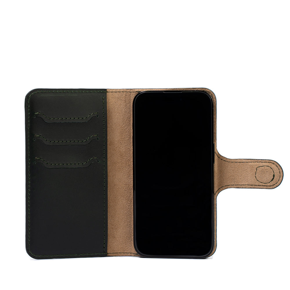photo of top-rated MagSafe Folio Case with grip for iPhone made Geometric Goods from premium eco-frienly top-grain leather in forest dark green color  with card and cash pockets compatible with apple's case and nomad shockproof case