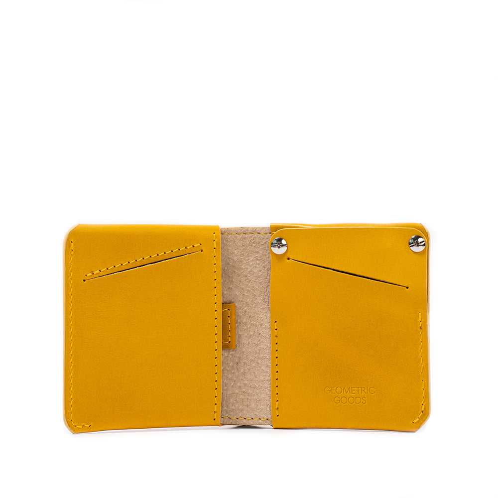 best airtag wallet for man and woman made from premium Italian leather in yellow color by Geometric Goods compatible with cards and paper bills