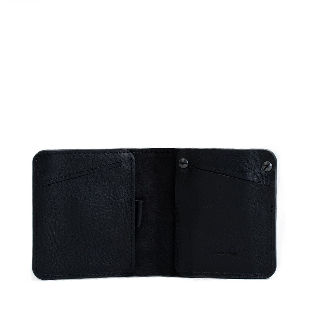 AirTag bi-fold wallet made from premium leather in black color by Geometric Goods