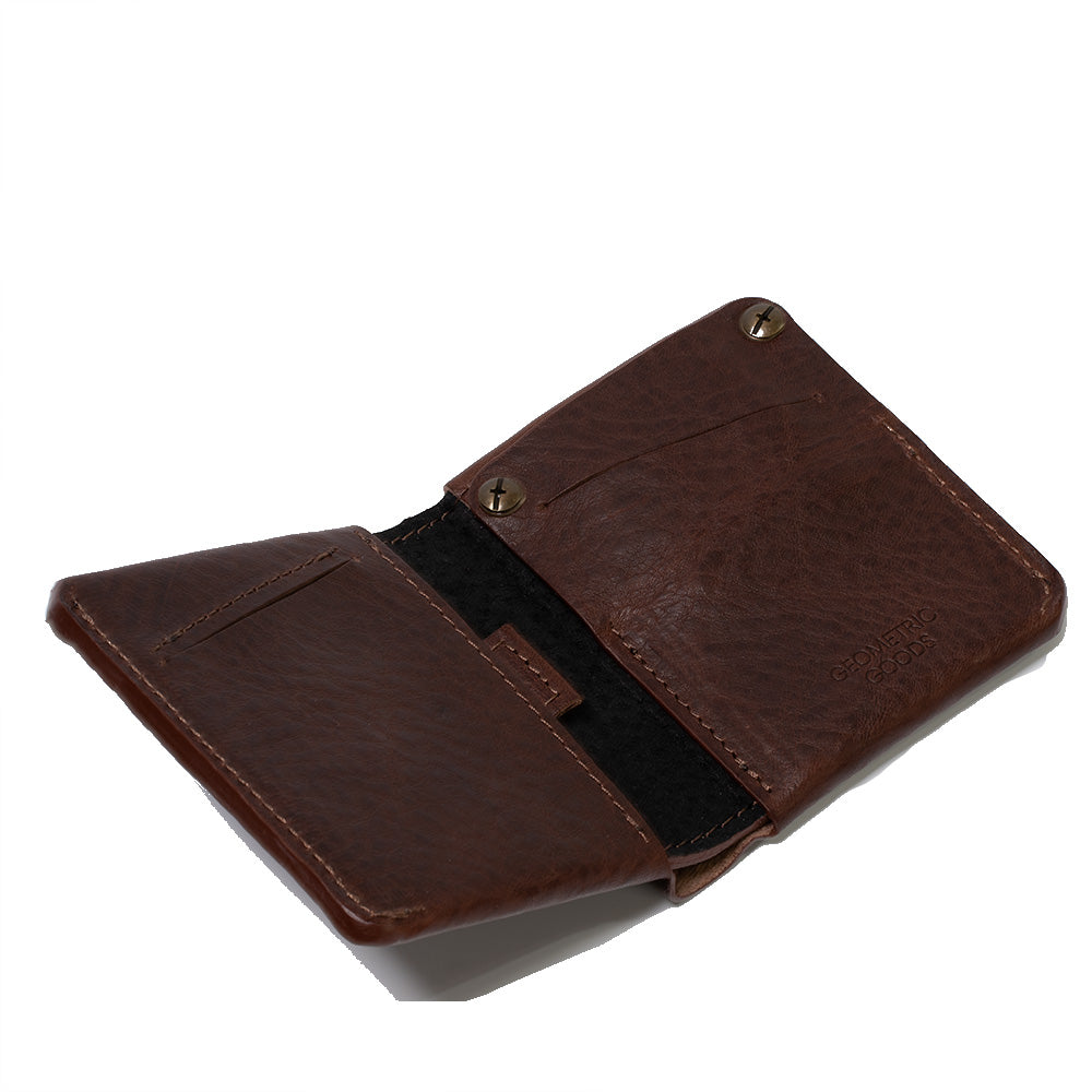 Geometric Goods unfolded brown leather bifold AirTag wallet for men, expertly crafted from premium Italian leather.