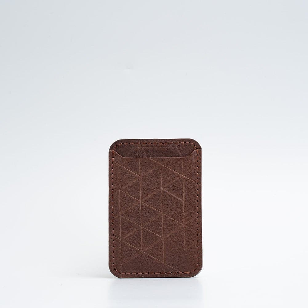 top quality designer Mag Safe wallet with a strong MagSafe magnet from an Apple-approved supplier for iPhone made from premium top-grain vegetable tanned Italian leather with vectors pattern by Geometric Goods in dark brown mahogany color top rated
