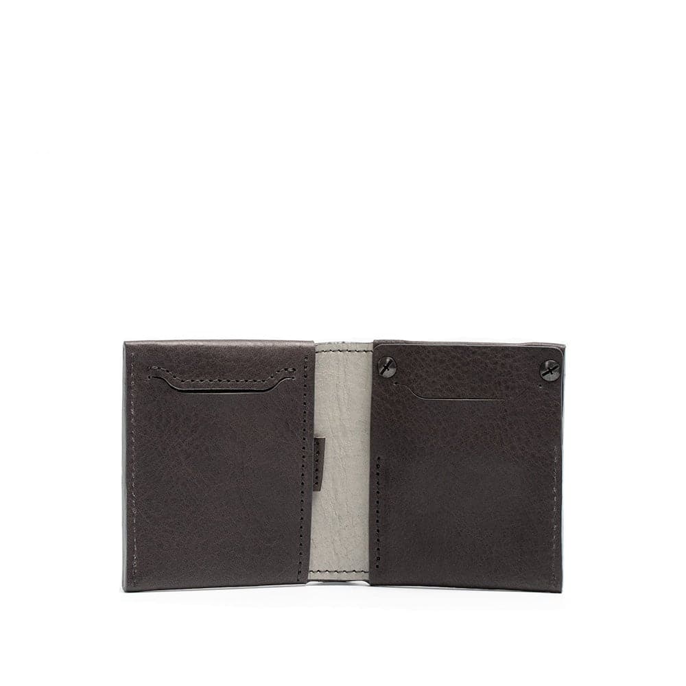 Gray leather men's billfold wallet with AirTag slot